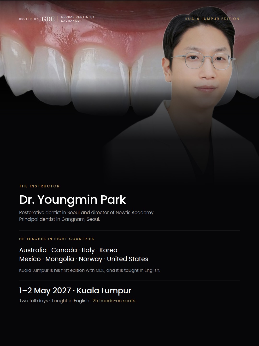 No-Prep & Minimal-Prep Veneers, Kuala Lumpur — course poster for Dr. Youngmin Park, 1–2 May 2027